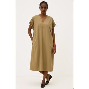 Meimeij Khaki Long Dress Pockets Vneck Short Sleeve Italian Lagenlook Fall M
